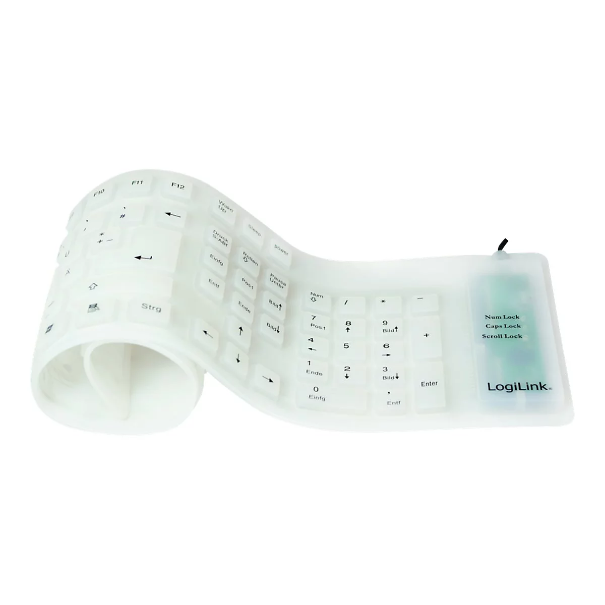 Eine aufgerollte, weiße Silikon-Tastatur von LogiLink vor weißem Hintergrund.