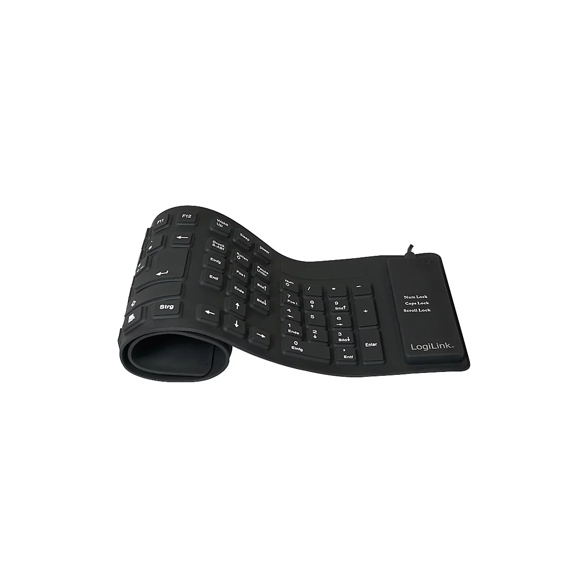 Eine aufgerollte, schwarze Silikon-Tastatur von LogiLink vor weißem Hintergrund.