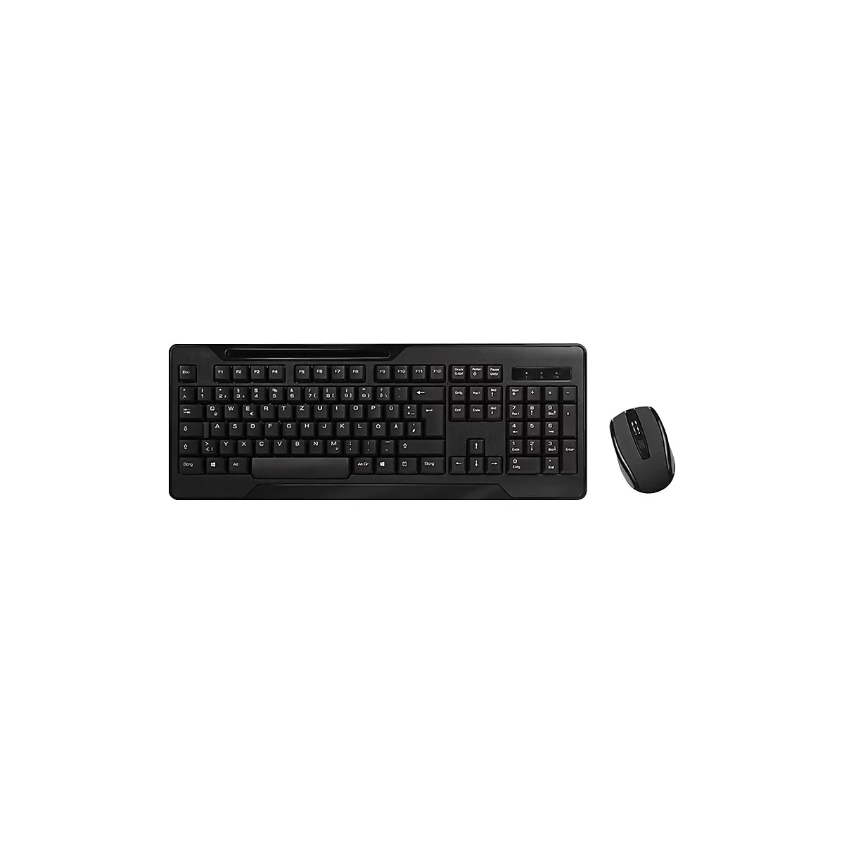Schwarze Tastatur und Maus auf weißem Hintergrund. Die Tastatur hat eine Standard-Tastenanordnung mit Ziffernblock. Die Maus ist drahtlos.