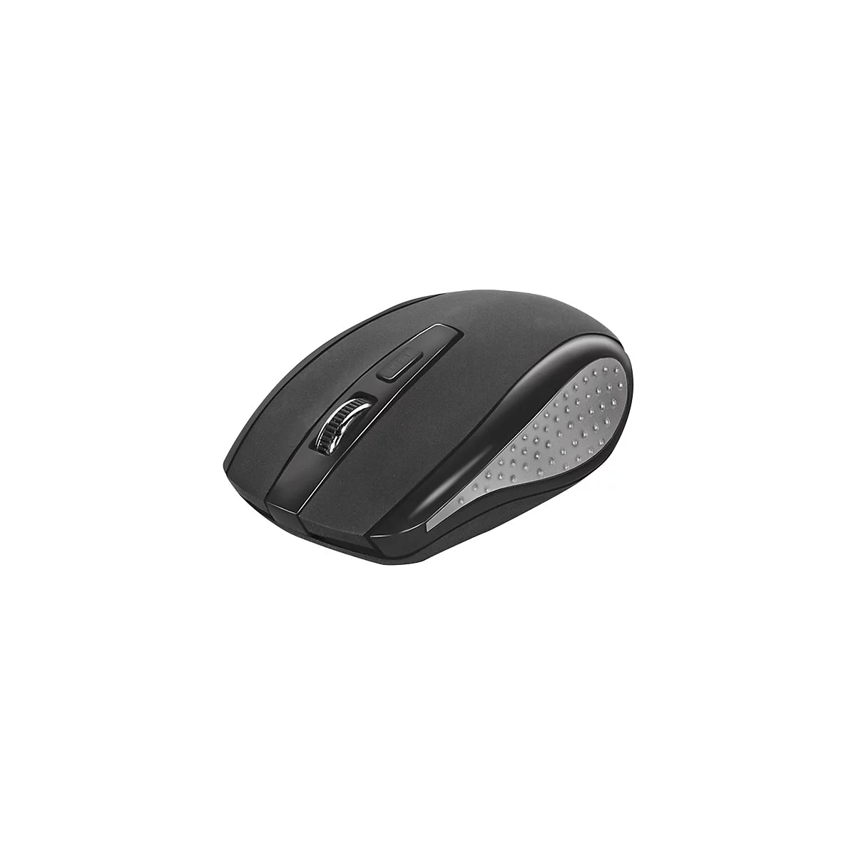 Schwarze Computermaus mit Scrollrad, DPI-Taste und silberfarbenem Daumenbereich.