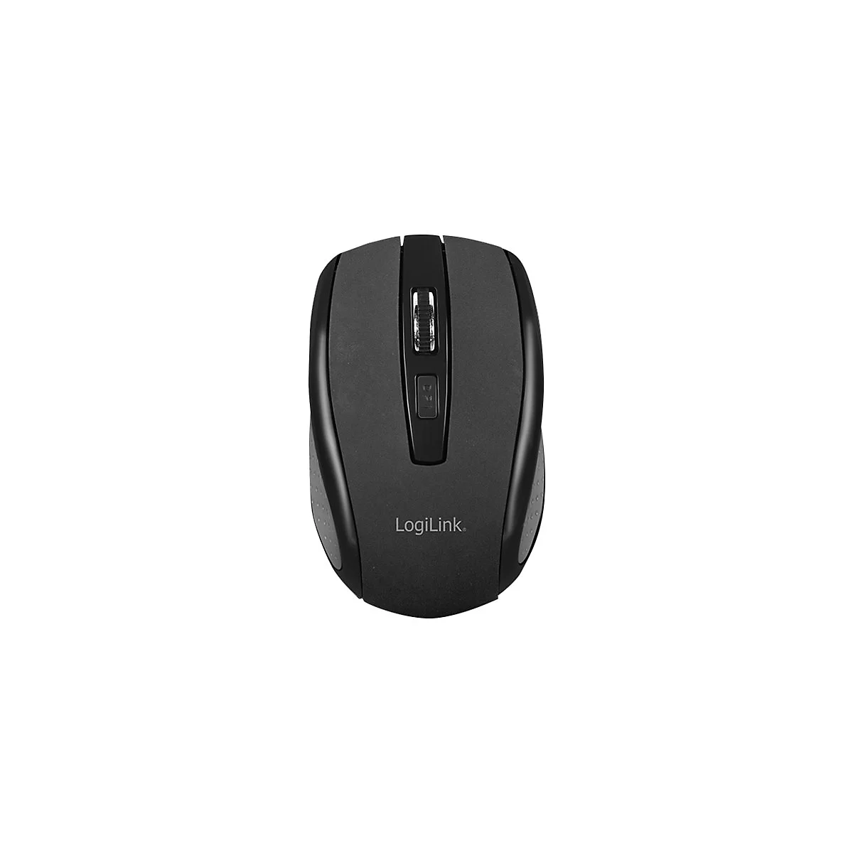 Drahtlose Computermaus, schwarz-grau. Scrollrad, Logo, zwei Tasten. Der Maus-Body ist ergonomisch geformt.