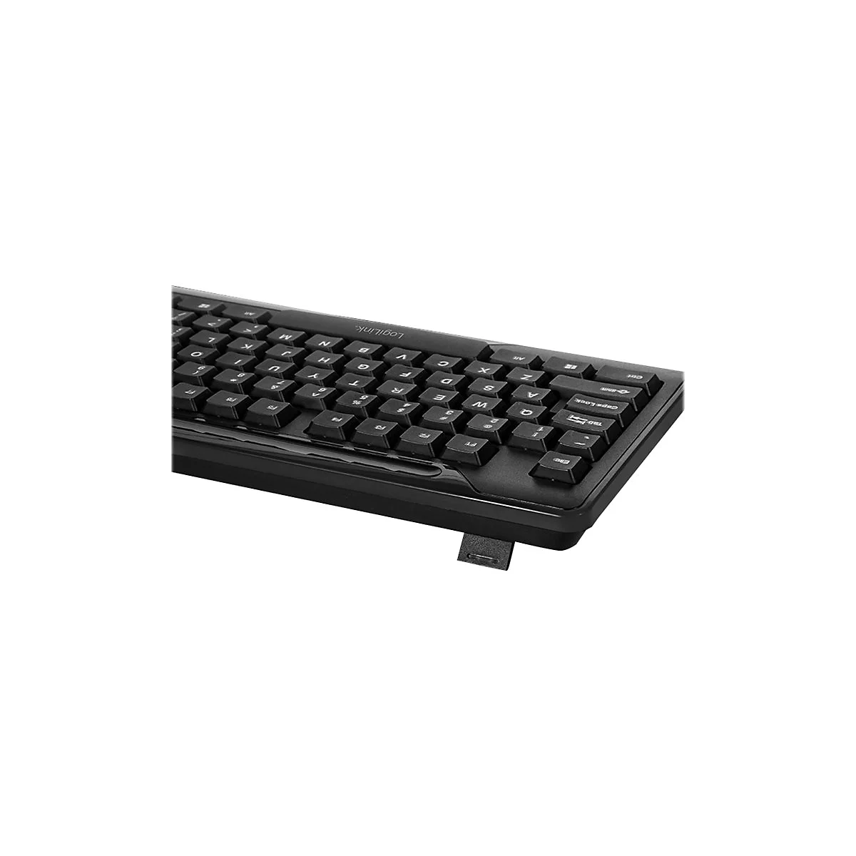 Schwarze Tastatur mit Buchstaben und Zahlen. 'LogiLink' ist auf der Tastatur aufgedruckt.