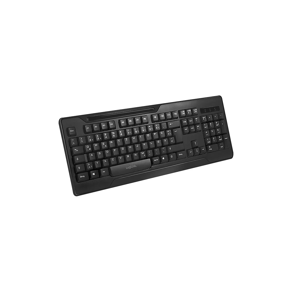 Schwarze Computertastatur mit deutschen Tastaturbelegungen und LogiLink-Logo.