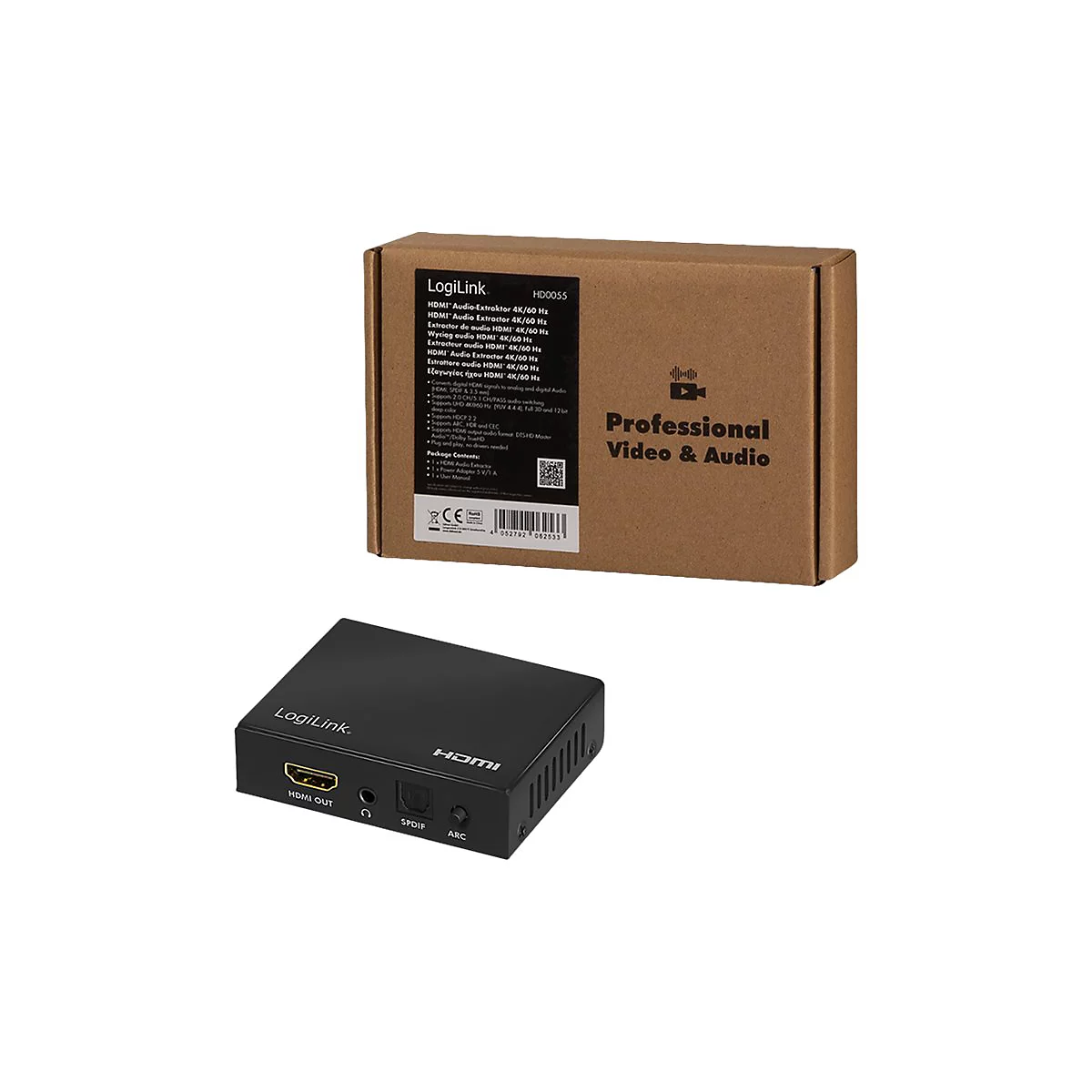 Schwarzer LogiLink HDMI-Audio-Extraktor vor seiner braunen Kartonverpackung.