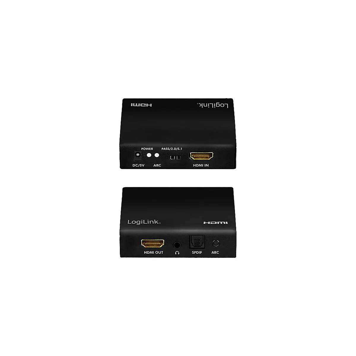 LogiLink HDMI-Audio-Extraktor mit Anschlüssen für HDMI In/Out, DC/5V, ARC, Kopfhörer und SPDIF auf schwarzem Gehäuse.