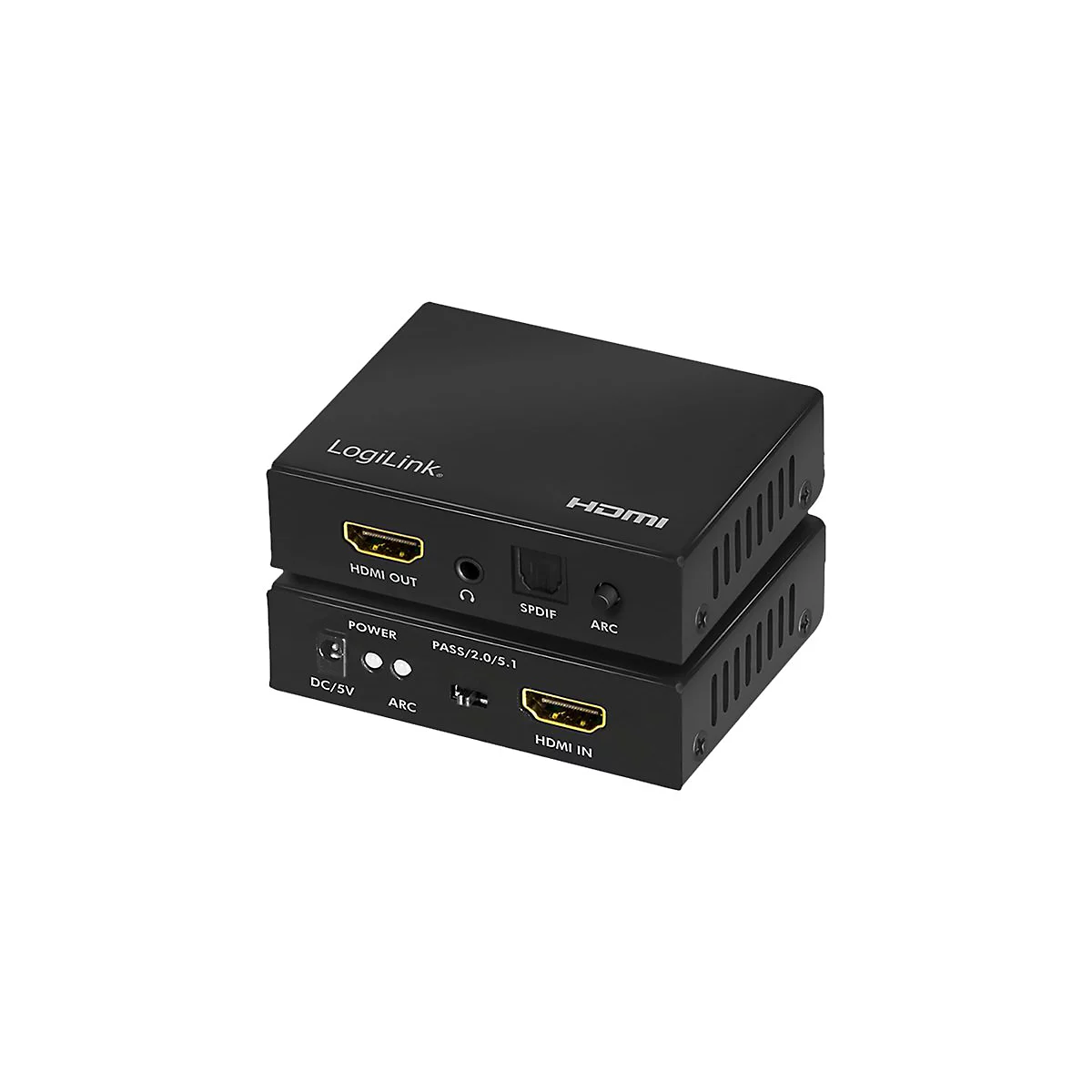 Schwarzer LogiLink HDMI-Audio-Extraktor mit verschiedenen Anschlüssen auf weißem Hintergrund.