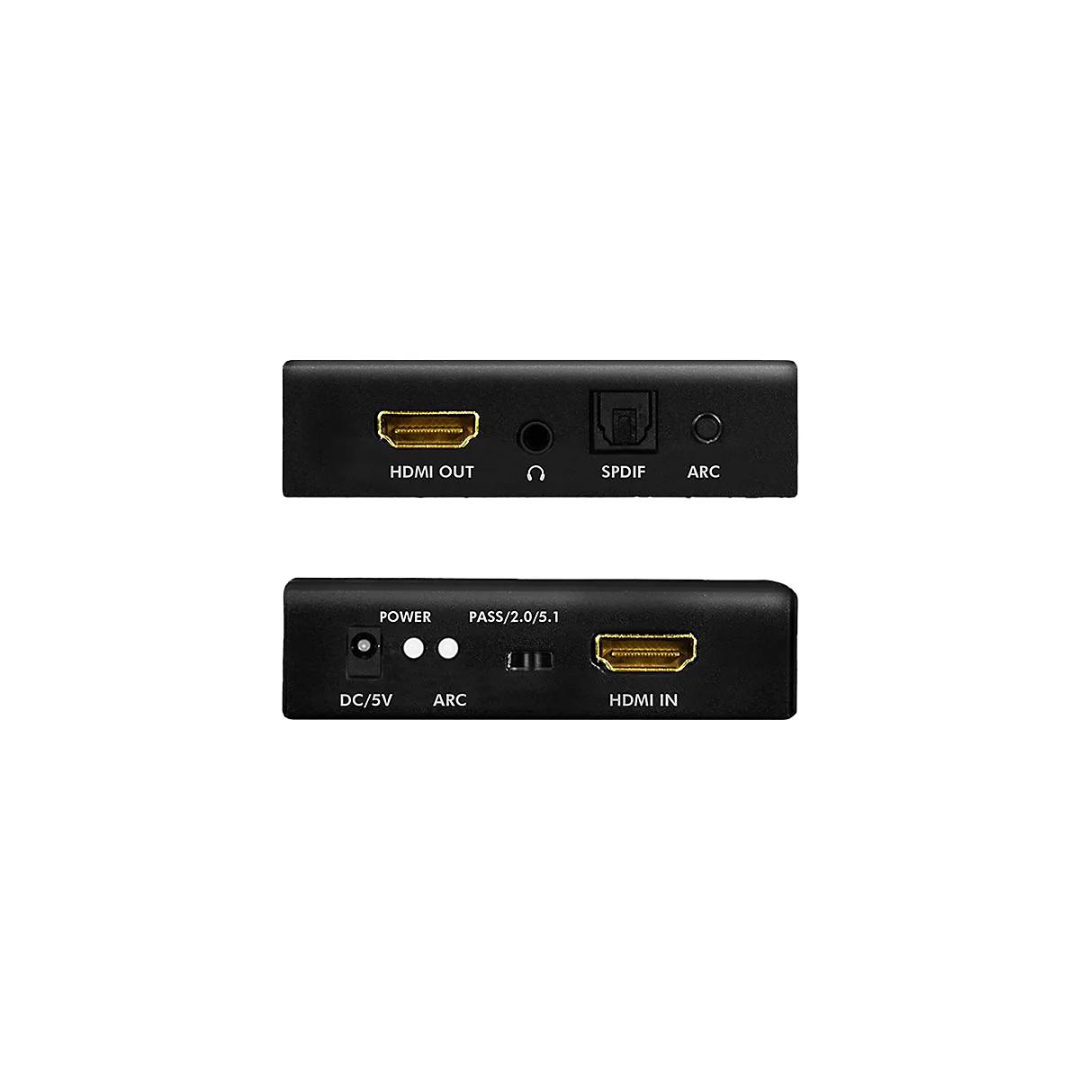Rückseite eines schwarzen HDMI-Audio-Extraktors mit Anschlüssen für HDMI, Audio, SPDIF und Strom.