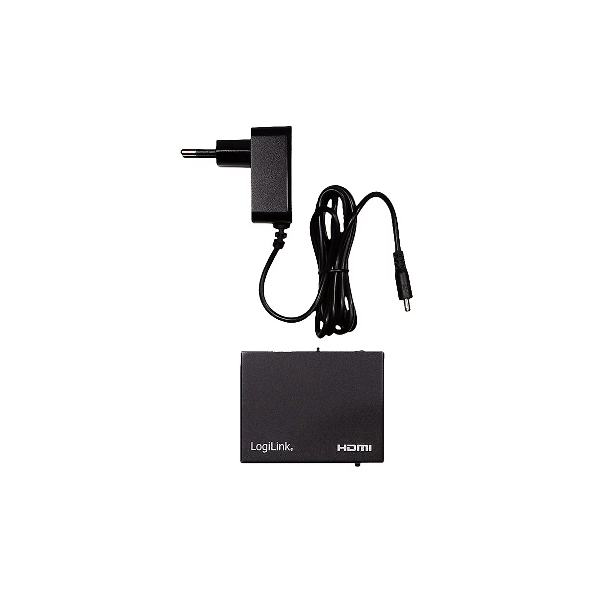 Schwarze LogiLink HDMI-Box mit Netzteil vor weißem Hintergrund.