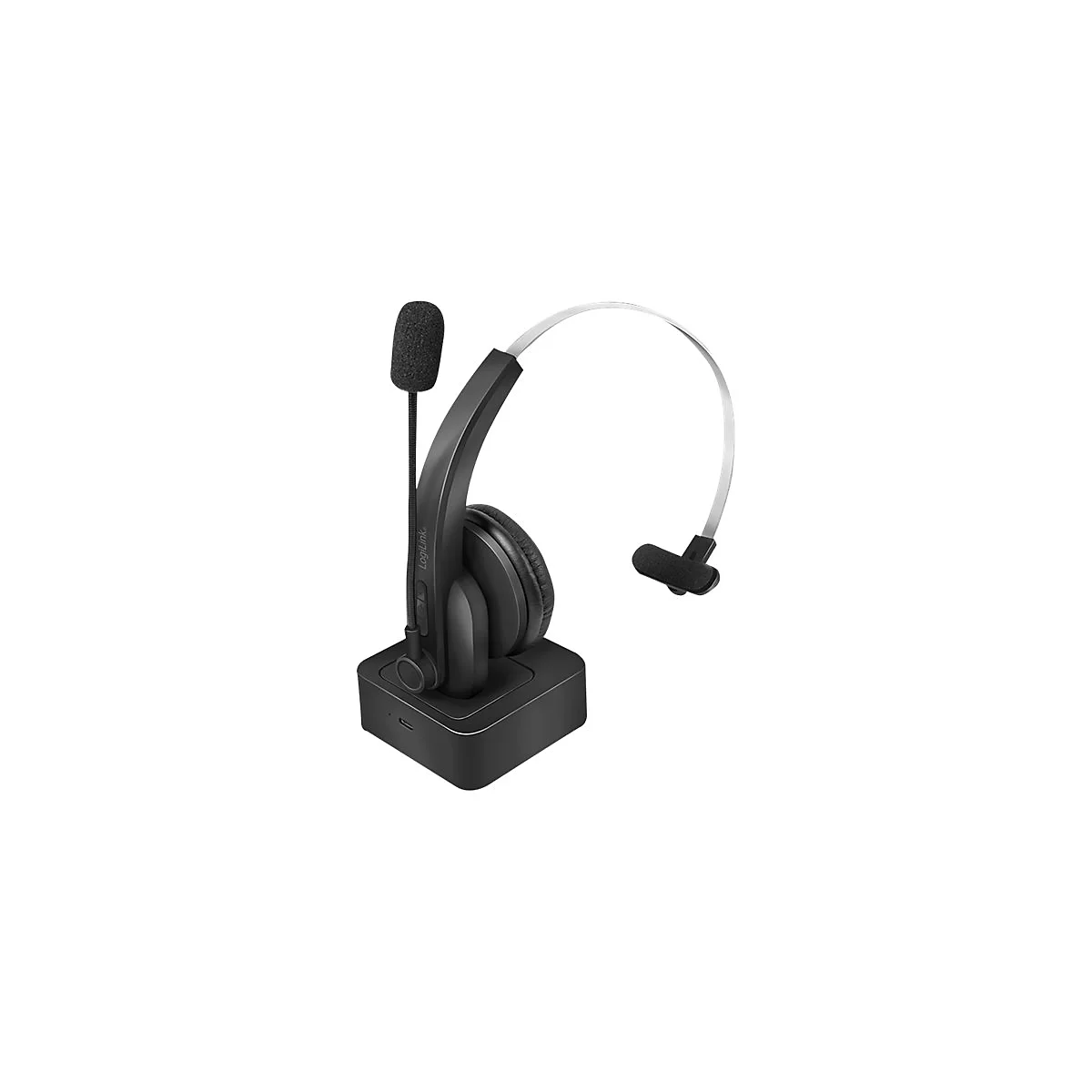 Schwarzes Mono-Headset von LogiLink auf einer quadratischen Ladestation vor weißem Hintergrund.