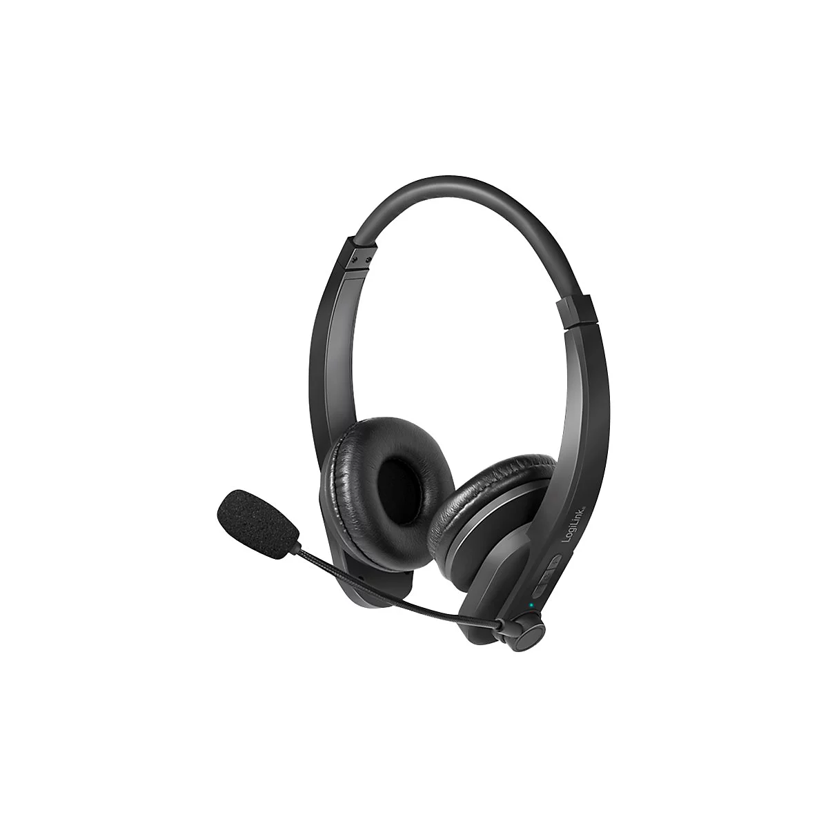 Schwarzes LogiLink On-Ear-Headset mit verstellbarem Mikrofon und gepolsterten Ohrmuscheln auf weißem Grund.