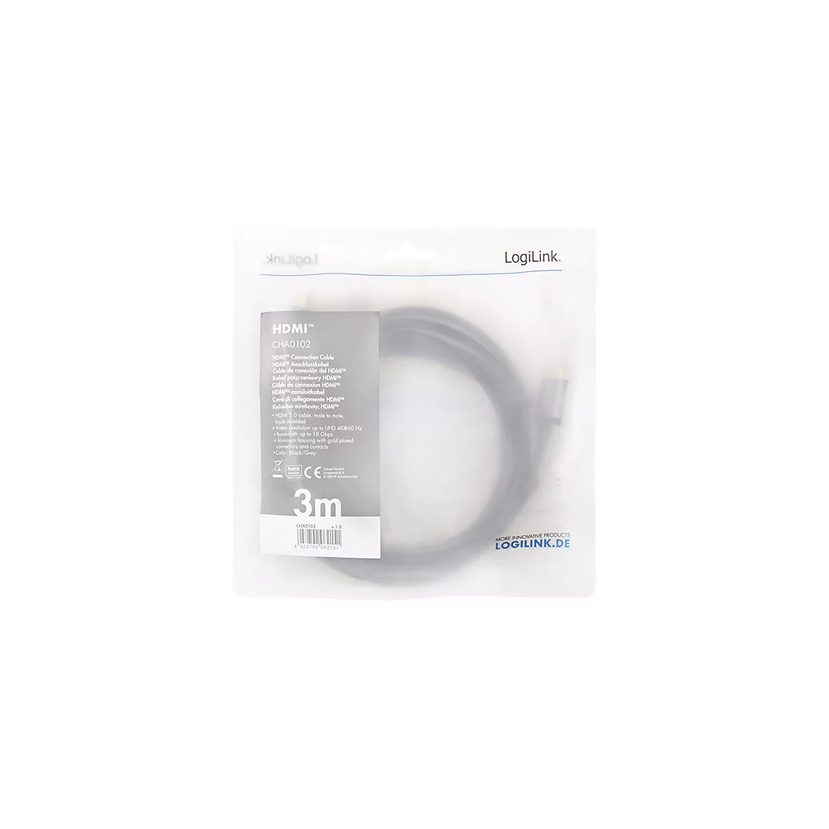 LogiLink HDMI-Kabel, 3 Meter lang, verpackt in einer durchsichtigen Kunststoffhülle.