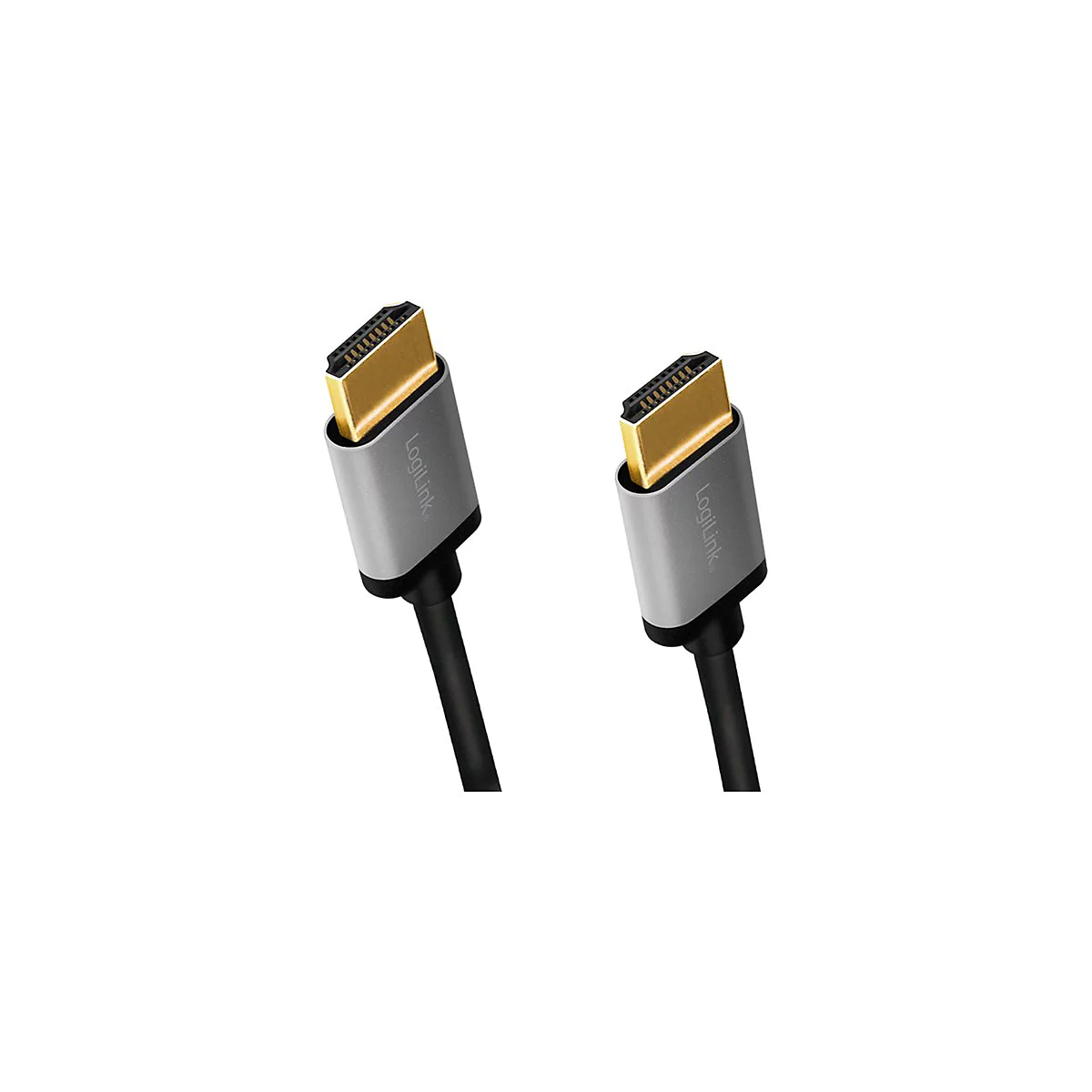 Zwei HDMI-Stecker mit goldenen Anschlüssen und silbernem Gehäuse, beschriftet mit LogiLink, vor weißem Hintergrund.