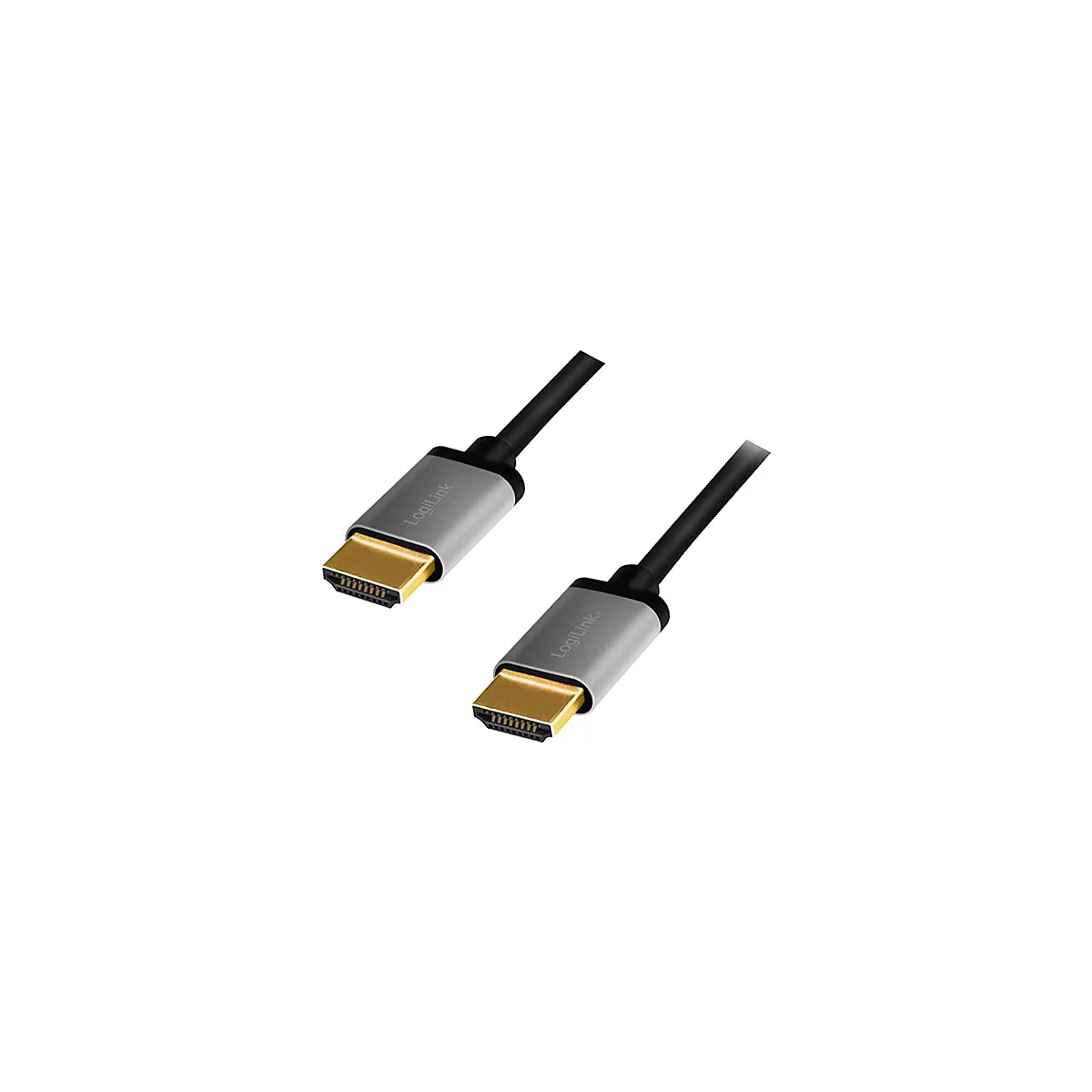 Zwei HDMI-Stecker mit goldenen Anschlüssen und grauem Gehäuse mit LogiLink-Logo an schwarzen Kabeln.