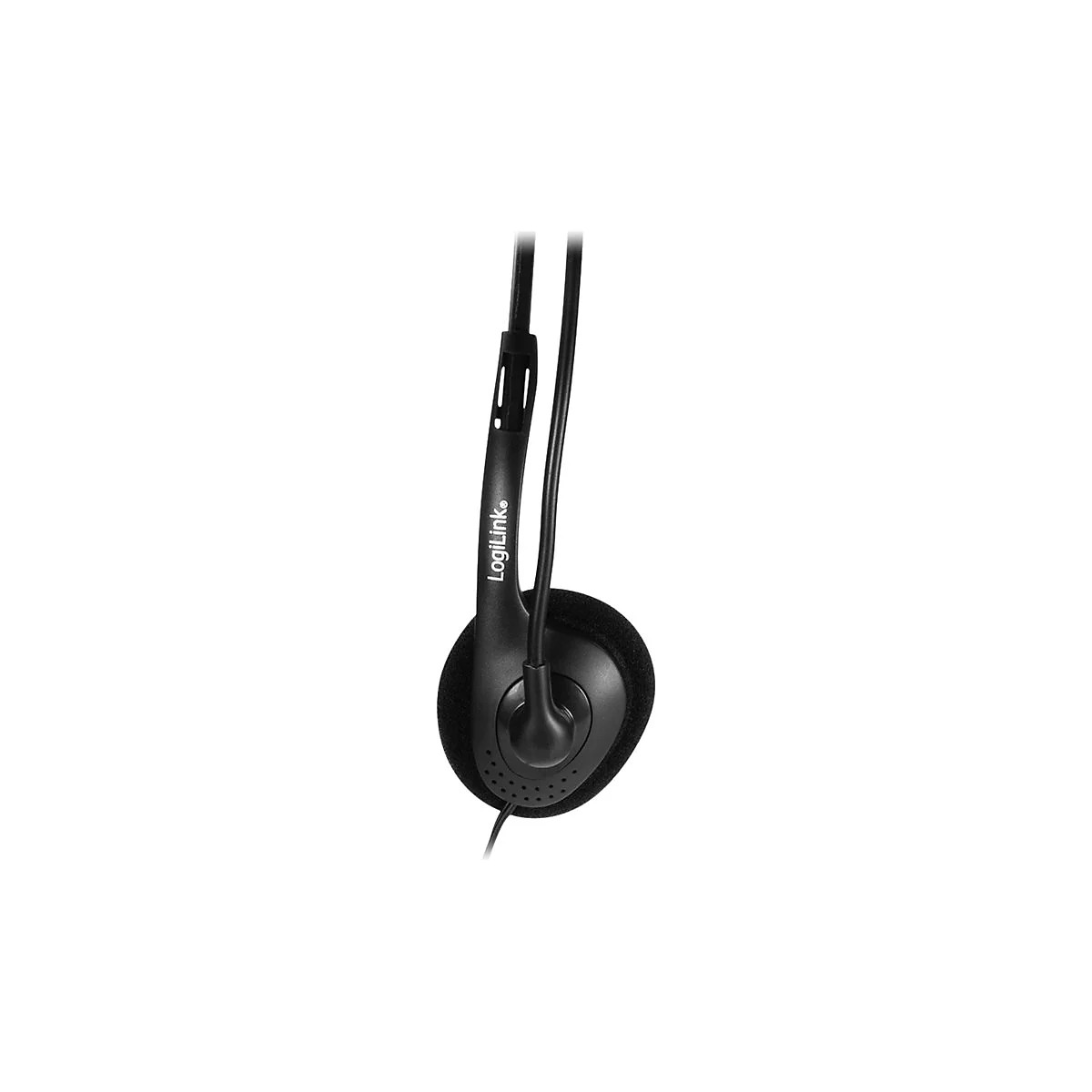 Nahaufnahme eines schwarzen LogiLink-Headsets mit Ohrpolster und Markenlogo auf dem Bügel.