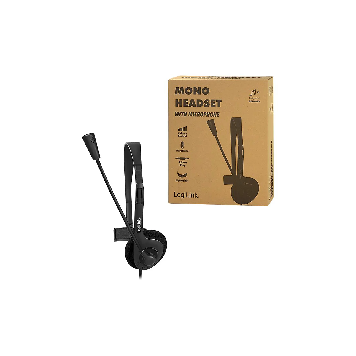 Schwarzes Mono-Headset mit Mikrofon neben der zugehörigen braunen Produktverpackung aus Karton.