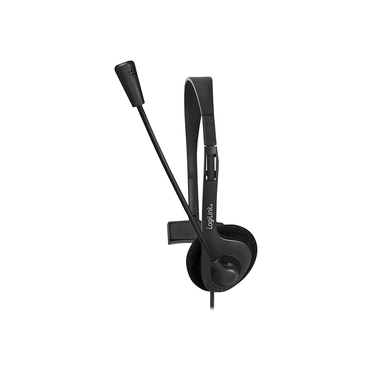 Schwarzes LogiLink-Headset mit einseitigem Ohrpolster, verstellbarem Kopfbügel und Mikrofonarm vor weißem Hintergrund.