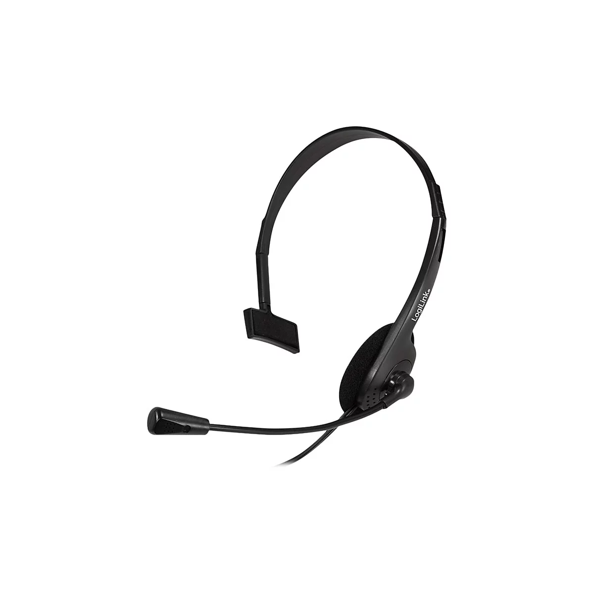 Schwarzes einseitiges LogiLink Headset mit verstellbarem Kopfbügel und Mikrofonarm vor weißem Hintergrund.