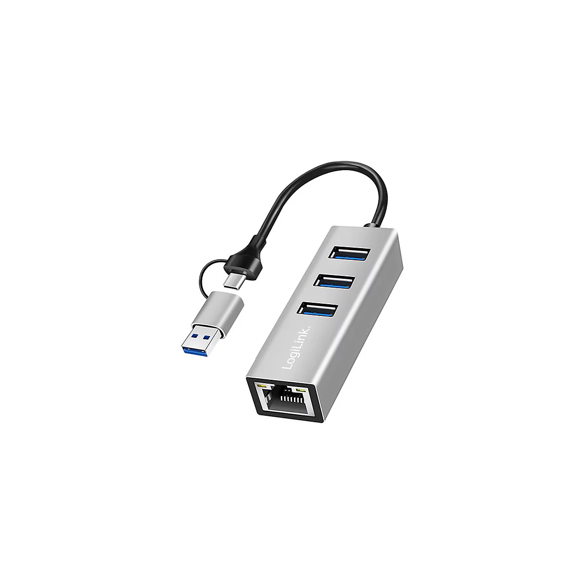 LogiLink USB-Hub mit drei USB-A-Anschlüssen, Ethernet-Port und USB-C- zu USB-A-Adapter.
