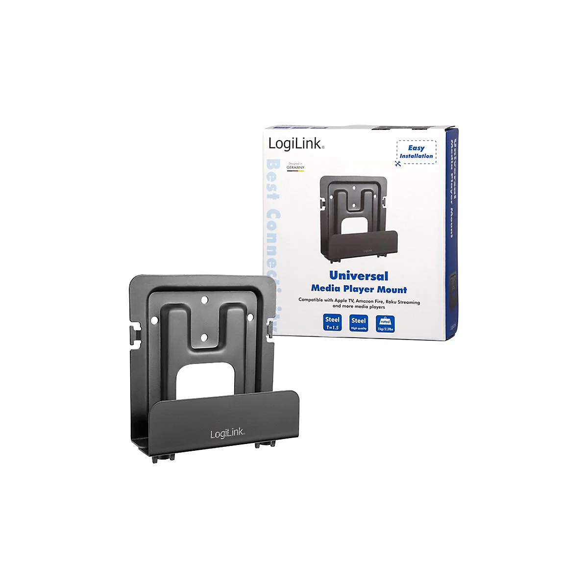 Schwarze Halterung fÃ¼r Media Player und Karton, die Beschriftung LogiLink und Universal Media Player Mount enthÃ¤lt.