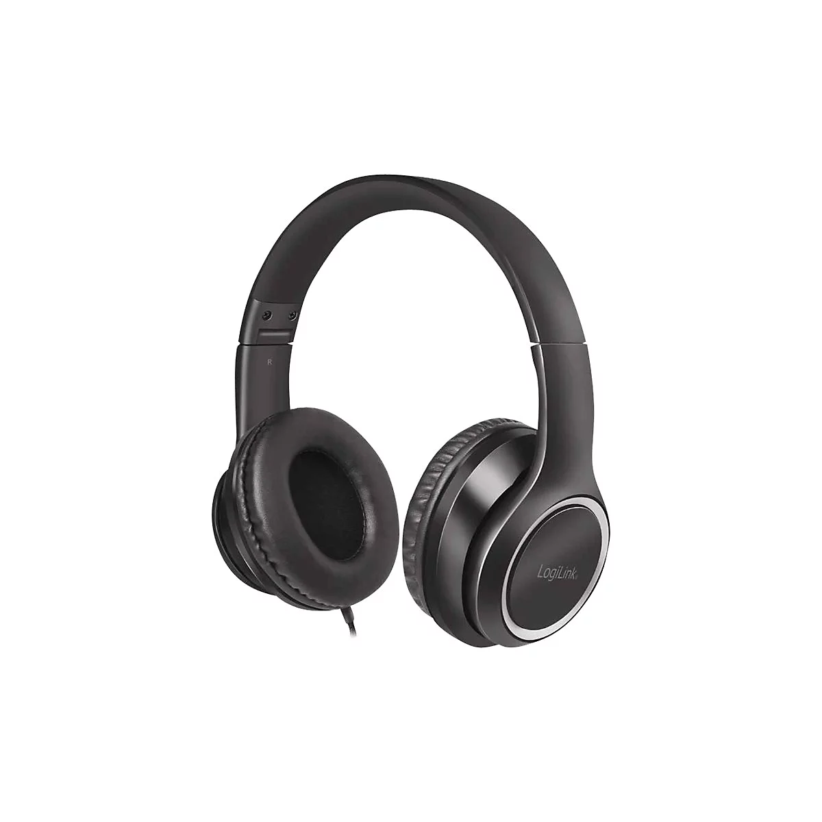 Schwarze LogiLink Over-Ear-Kopfhörer vor weißem Hintergrund.