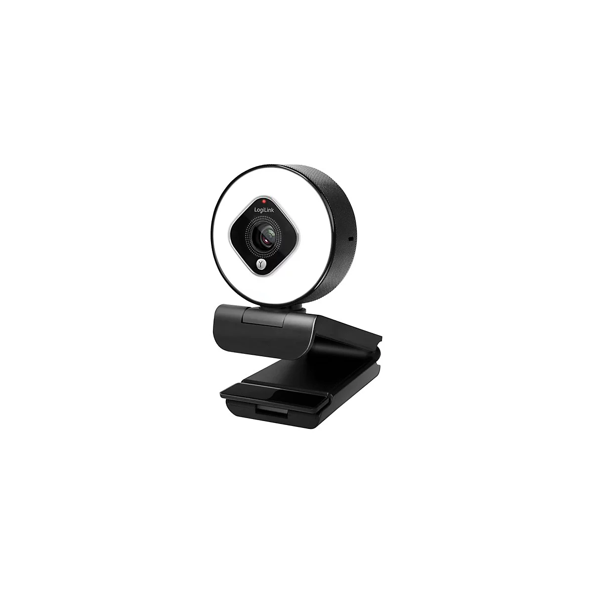 Schwarze Webcam mit LED-Licht, die auf einem weiÃŸen Hintergrund befestigt ist.