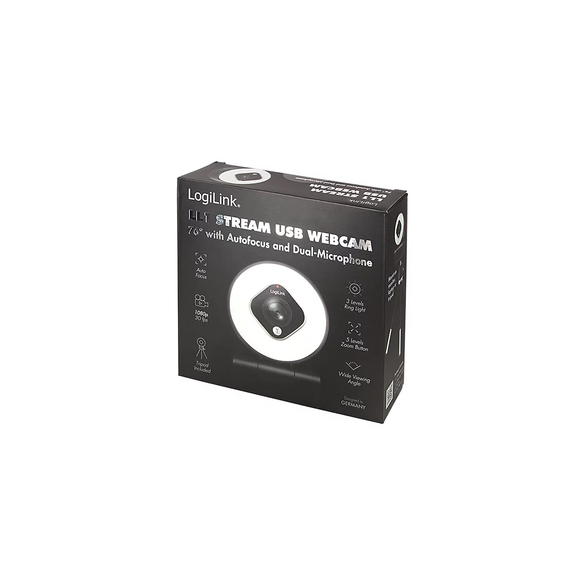 Eine schwarze Webcam-Verpackung mit Text: LogiLink, Stream USB Webcam, Autofokus, Dual-Mikrofon. Mit Ringleuchte und Stativ.