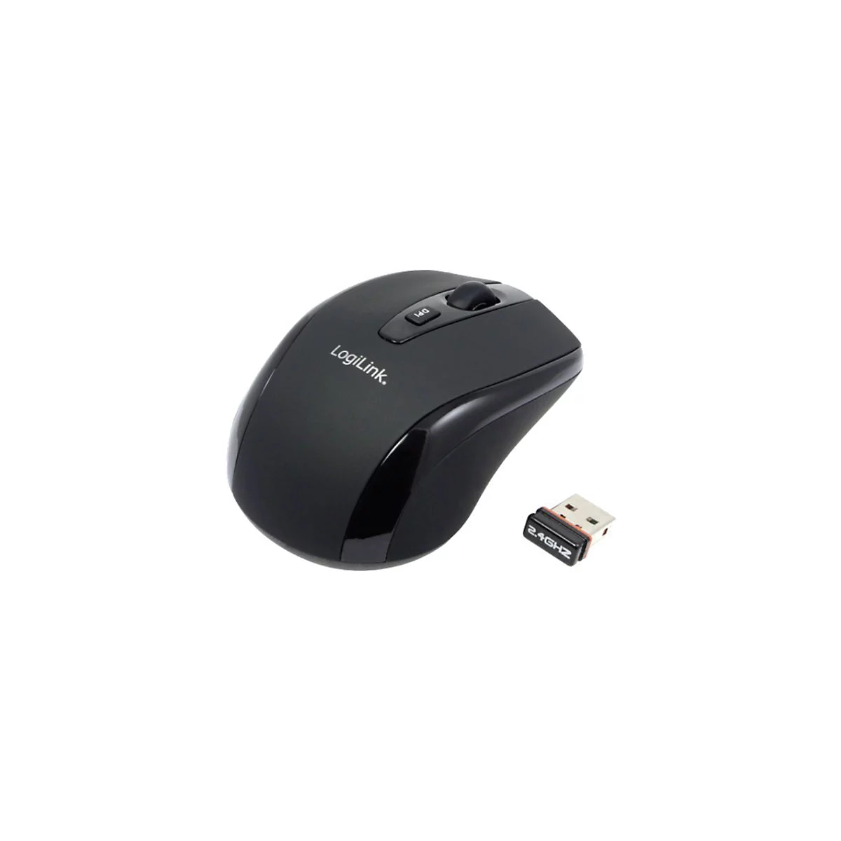 Drahtlose schwarze Maus mit dem Logo "LogiLink" und einem USB-Empfänger. Auf dem Empfänger steht "2.4GHz".
