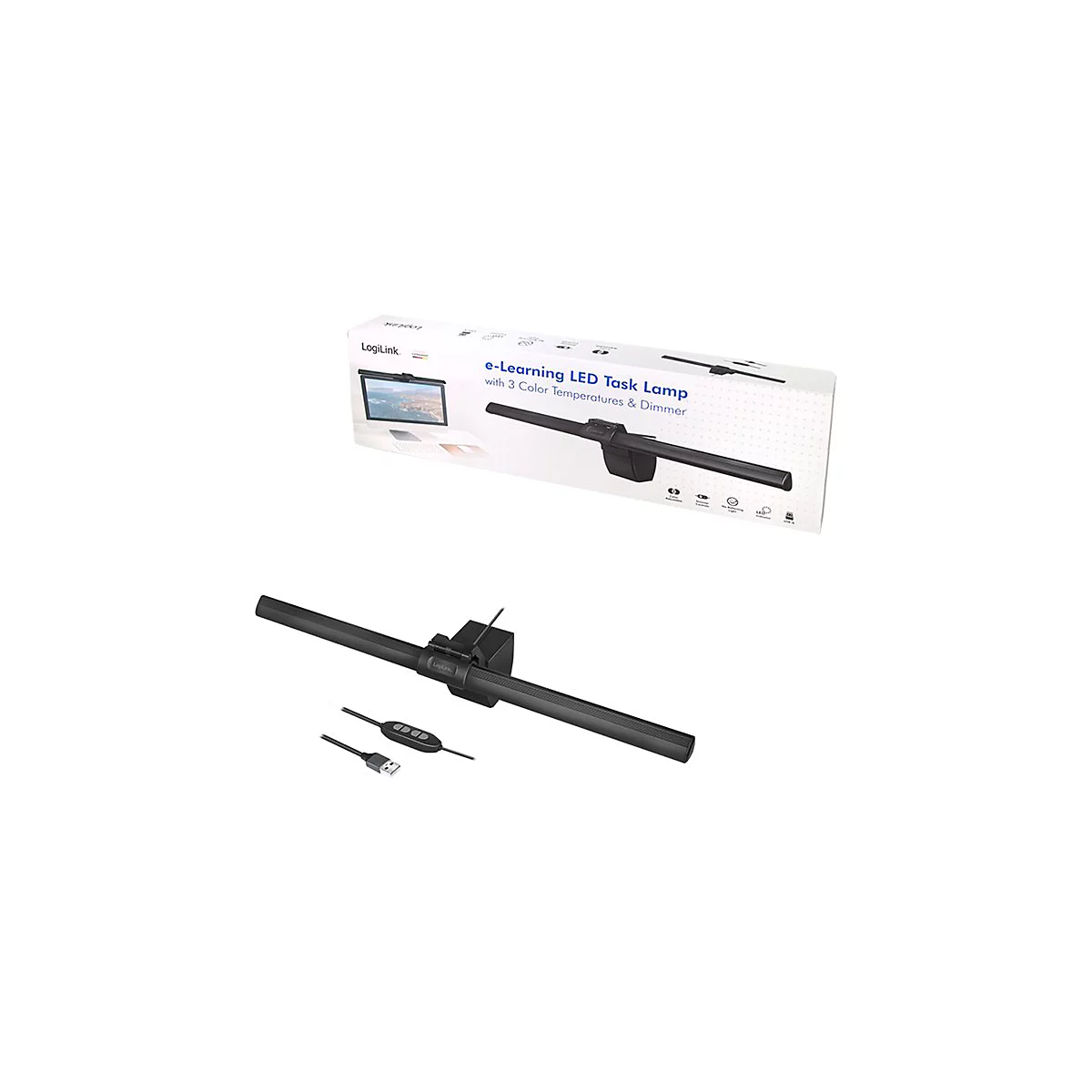LogiLink LED-Bildschirmlampe mit Kabelfernbedienung und USB-Stecker, abgebildet mit ihrer Produktverpackung.