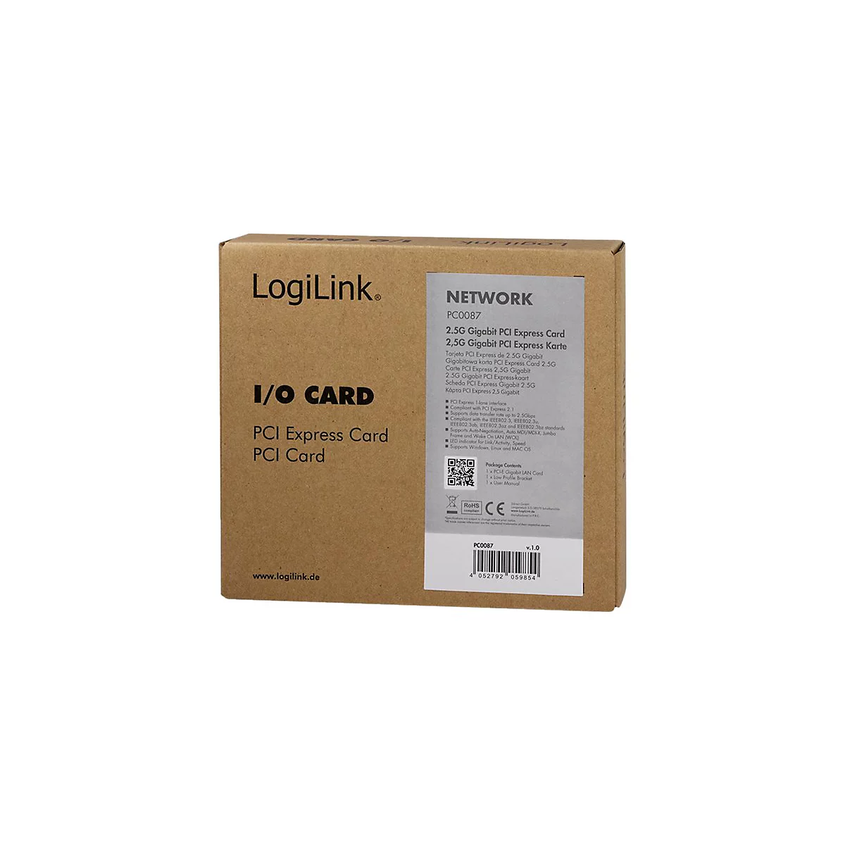 Braune Box mit LogiLink-Logo und Texten wie I/O CARD und PCI Express Card. Aufschrift: 2.5G Gigabit PCI Express Card.