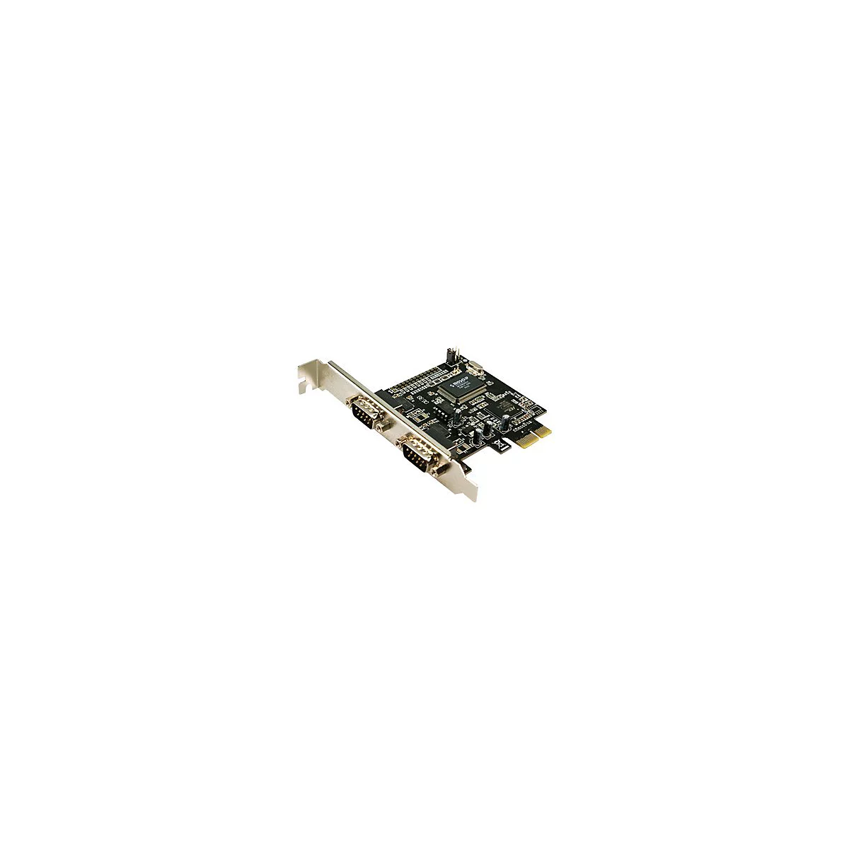 PCIe-Steckkarte mit schwarzer Leiterplatte und zwei seriellen Anschlüssen vor weißem Hintergrund.