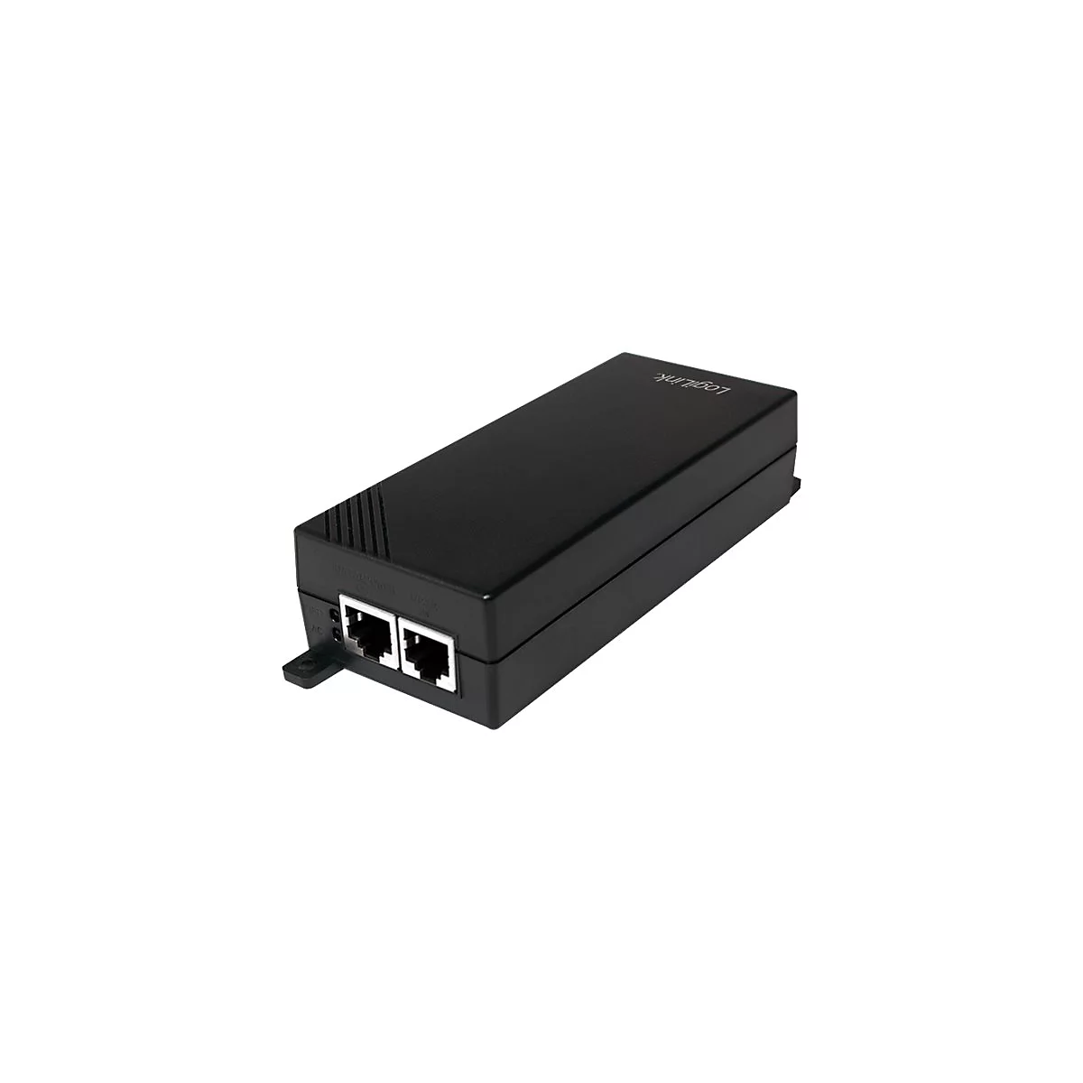Schwarzes LogiLink-Gerät mit zwei RJ45-Anschlüssen, das auf weißem Hintergrund liegt. Auf der Oberseite ist der Schriftzug LogiLink angebracht.