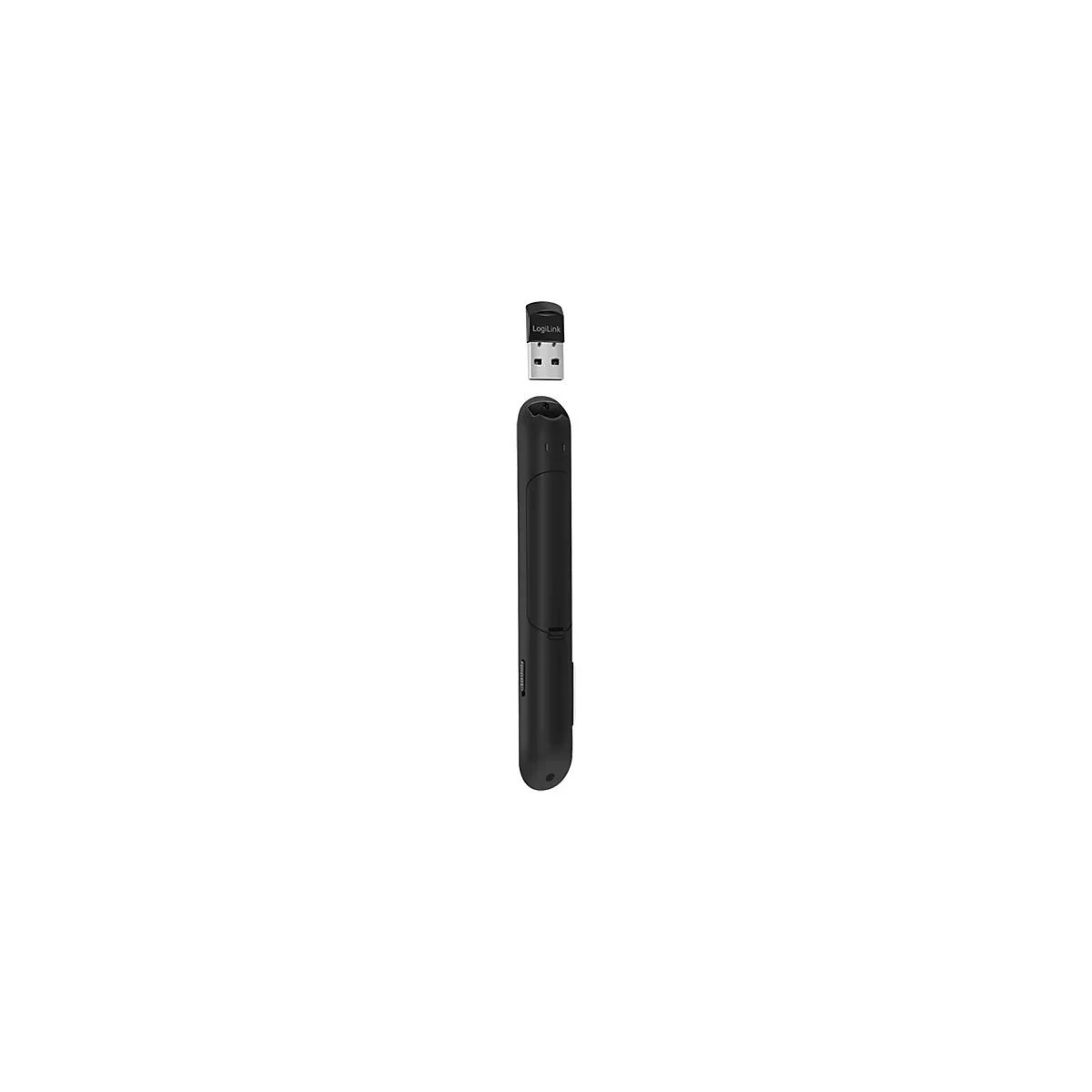 Ein schwarzer LogiLink Presenter mit dazugehörigem USB-Empfänger auf weißem Hintergrund.