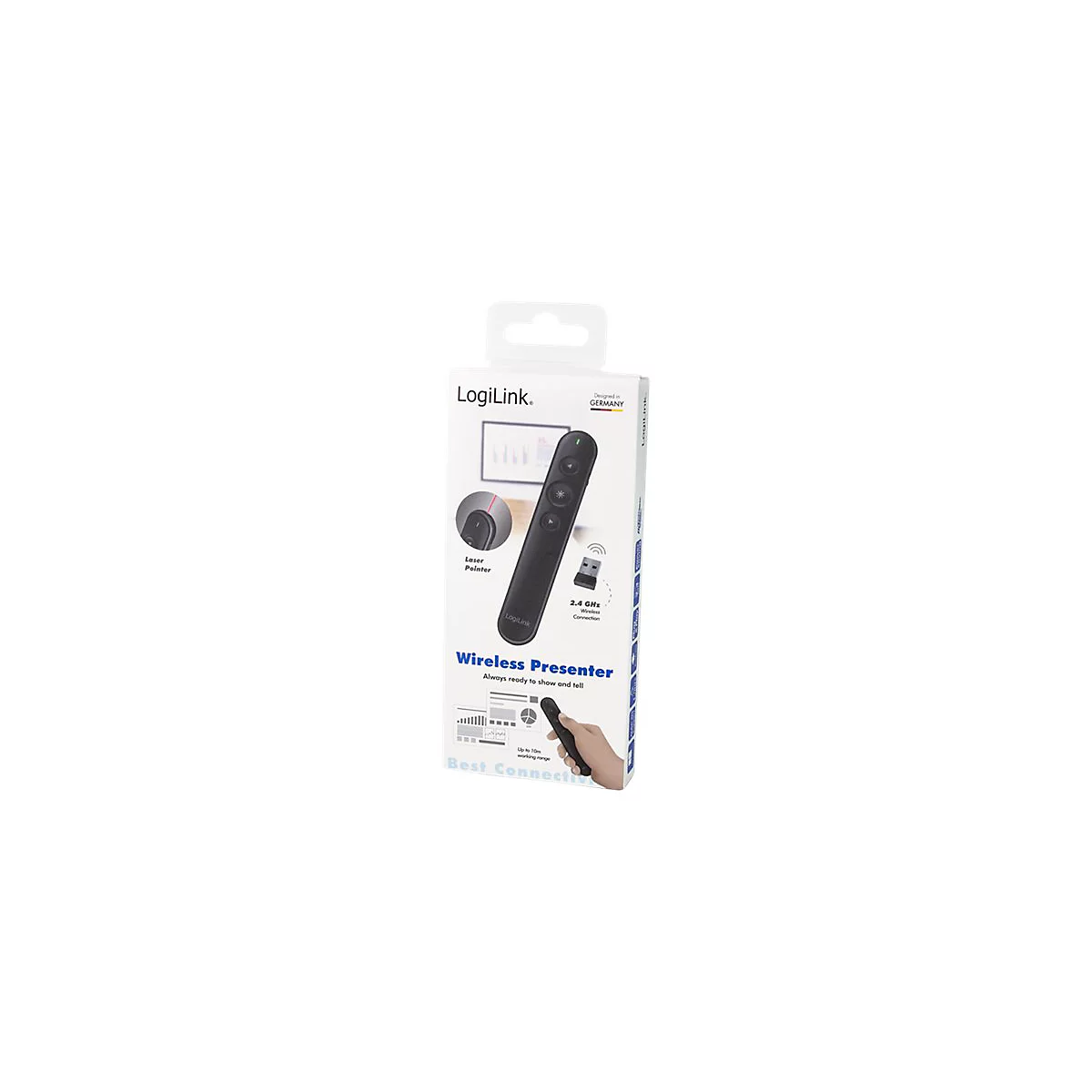 LogiLink Wireless Presenter in weißer Verkaufsverpackung mit Produktabbildungen und Beschriftung.