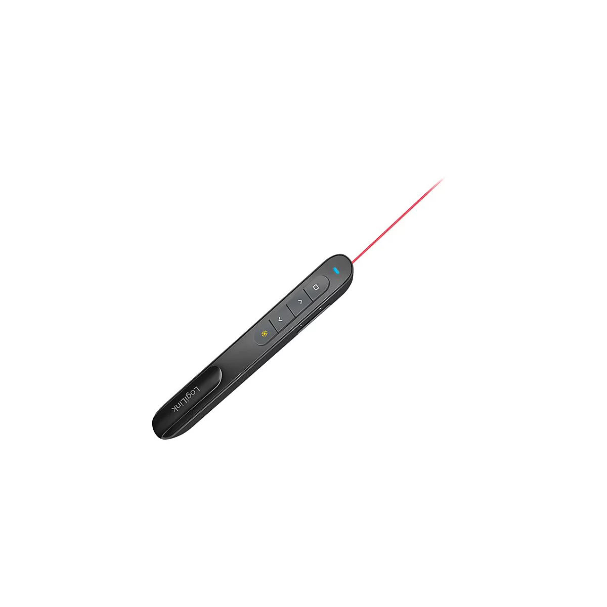 Schwarzer LogiLink Präsentations-Pointer mit Bedienfeldern und aktivem, rotem Laserstrahl.