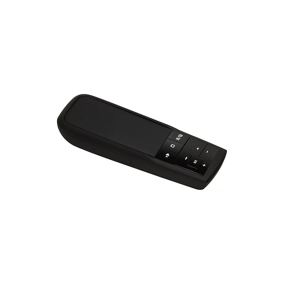 Schwarze Fernbedienung mit Touchpad, Tasten fÃ¼r PrÃ¤sentationen und LautstÃ¤rkeregelung.