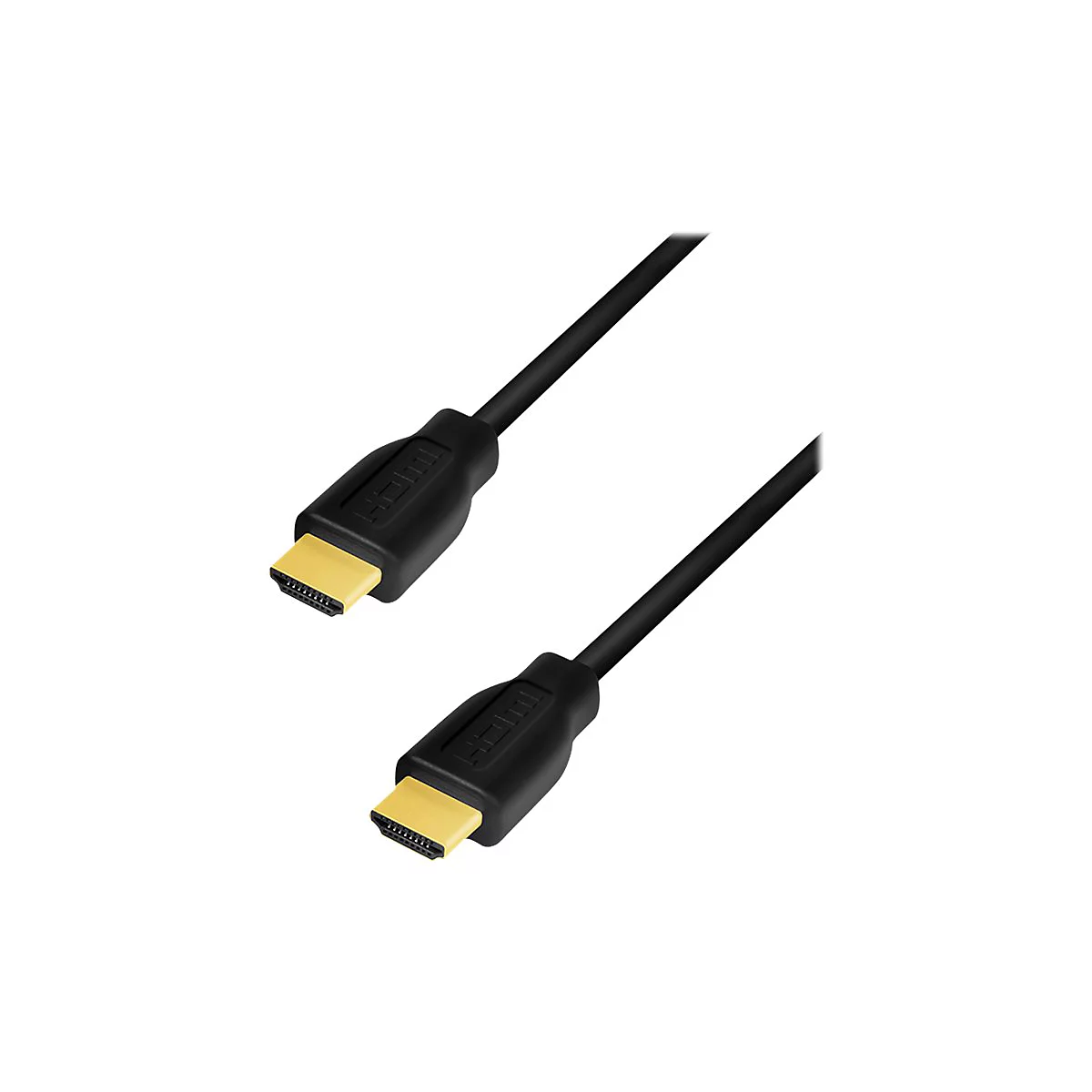 Zwei schwarze HDMI-Kabel mit goldenen Steckern vor weißem Hintergrund.