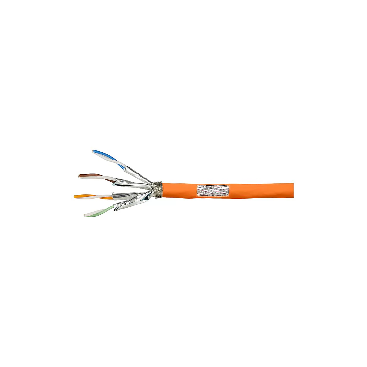 Abisoliertes orangefarbenes Netzwerkkabel mit vier verdrillten Adernpaaren und sichtbarer Abschirmung.