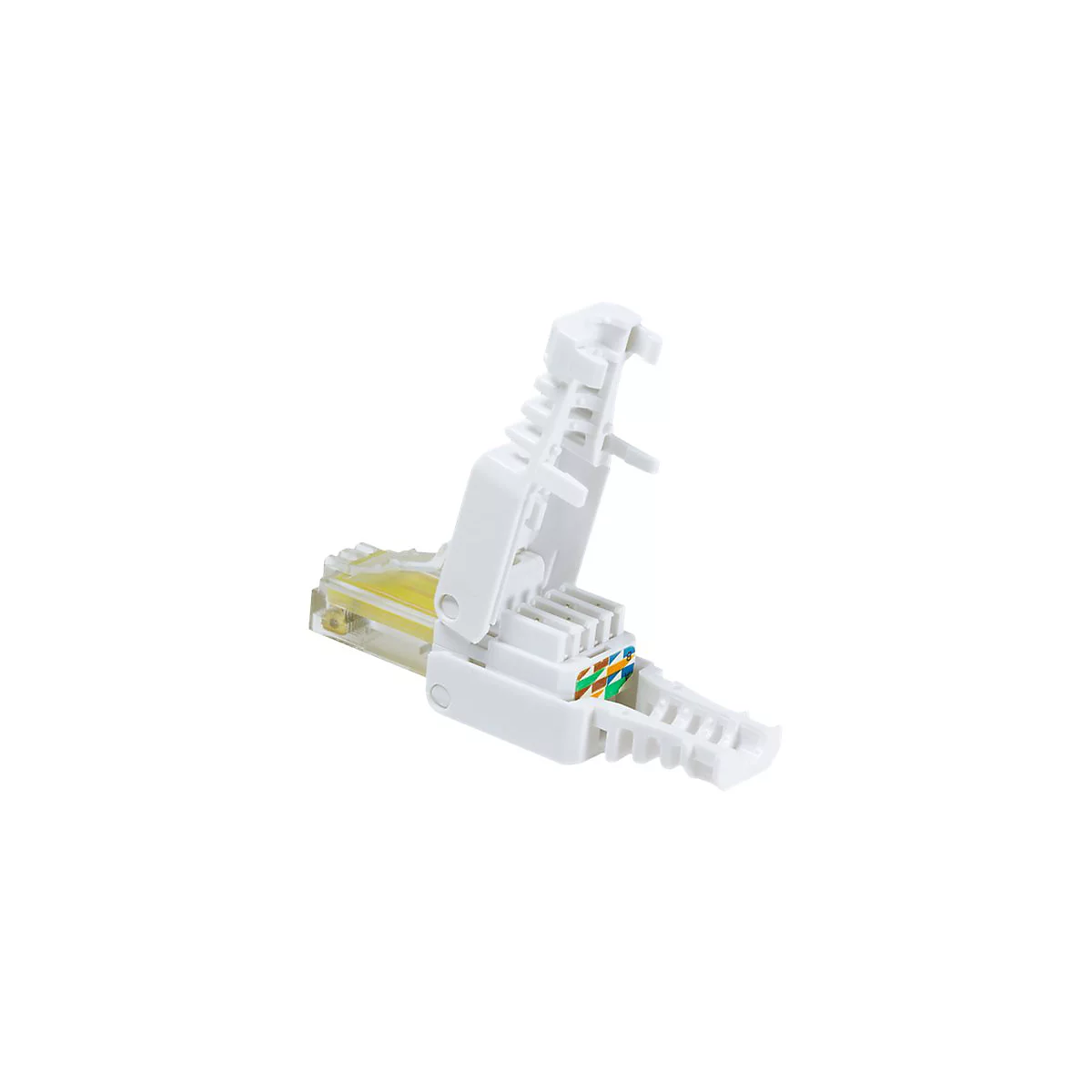 Offener, weißer RJ45-Netzwerkstecker mit werkzeugfreier Anschlussmöglichkeit und farbcodierten Kontakten.