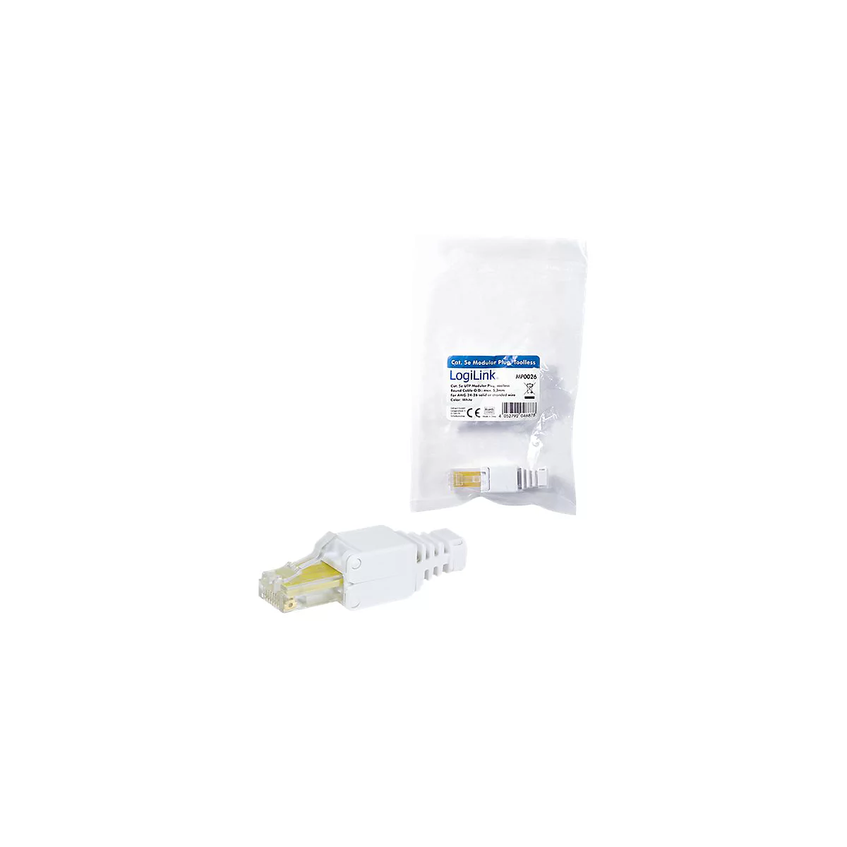 Ein weißer, werkzeugloser Cat.5e RJ45-Stecker liegt vor seiner transparenten Plastikverpackung.