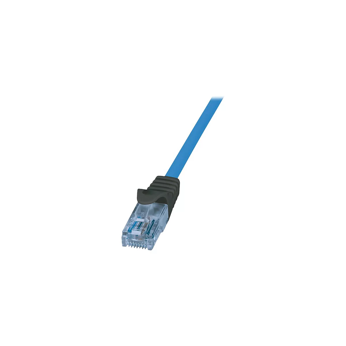 Blaues Netzwerkkabel mit transparentem RJ45-Stecker und Knickschutztülle auf weißem Hintergrund.