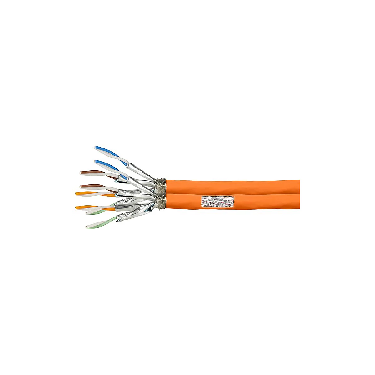 Abgesetztes orangefarbenes Netzwerkkabel mit sichtbaren, einzeln abgeschirmten Aderpaaren auf weißem Hintergrund.