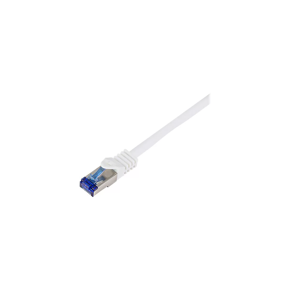 Weißes Ethernet-Netzwerkkabel mit RJ45-Stecker, Metallgehäuse und blauem Entriegelungshebel.