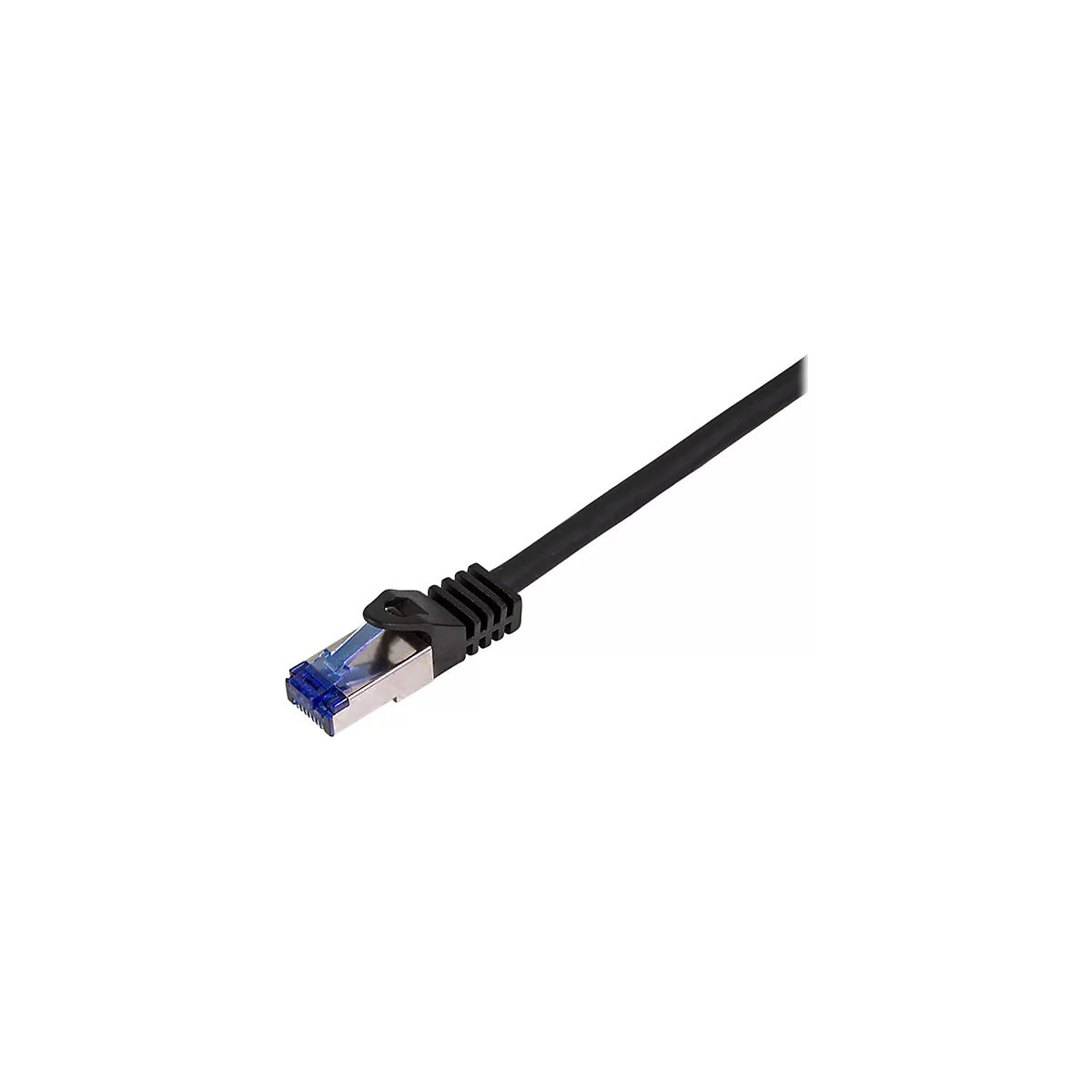 Schwarzes Netzwerkkabel mit einem abgeschirmten RJ45-Stecker vor weißem Hintergrund.