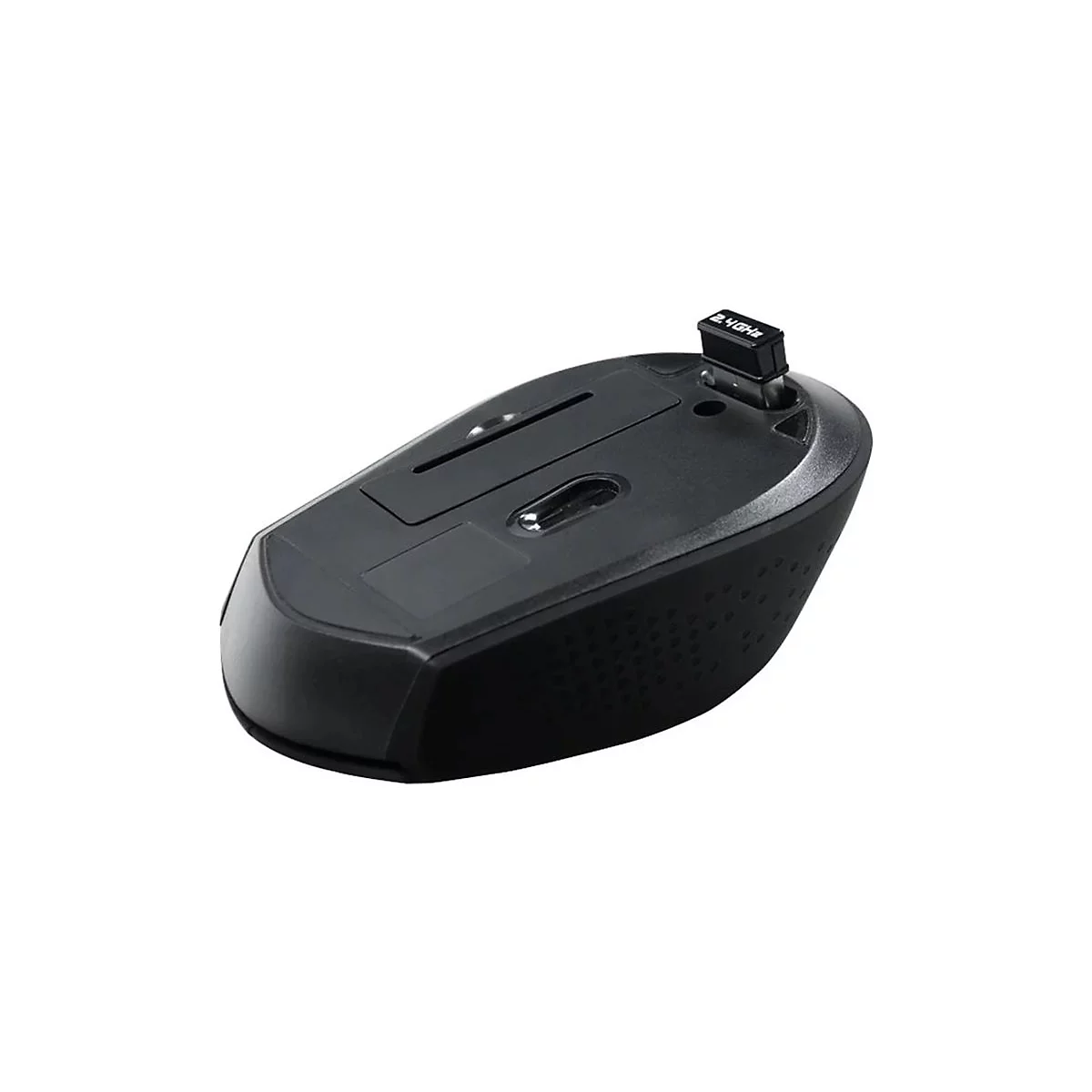 Drahtlose schwarze Maus mit USB-Empfänger. Auf der Oberseite befindet sich ein Fach. Der USB-Empfänger trägt die Aufschrift 2.4GHz.