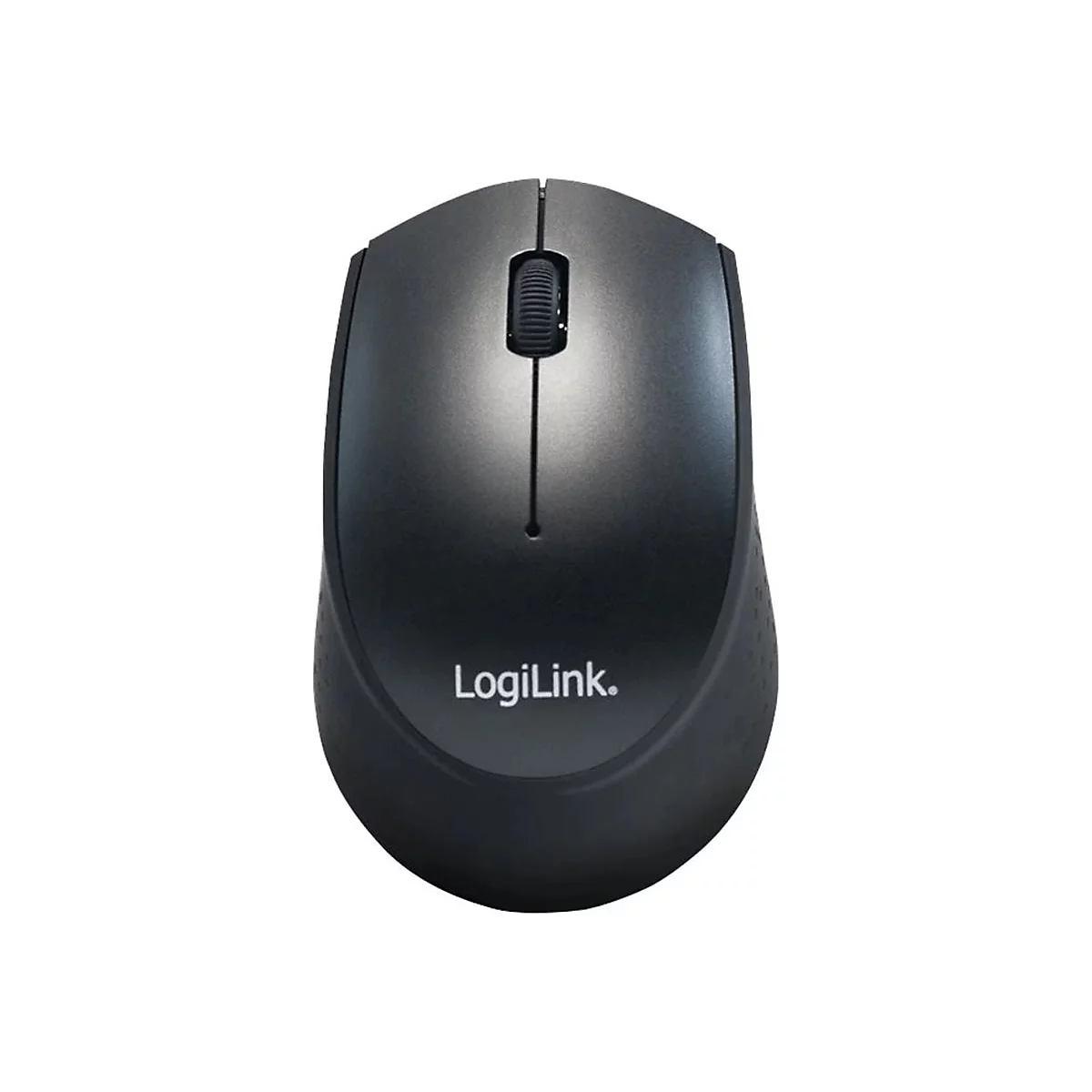 Drahtlose, schwarze Maus mit Scrollrad und Logo 'LogiLink'.