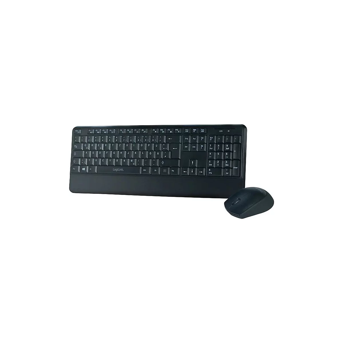 Schwarzes Computertastatur-Set mit Maus. Tastatur mit Tasten und Zahlenblock, darunter die Marke 'LogiLink'.