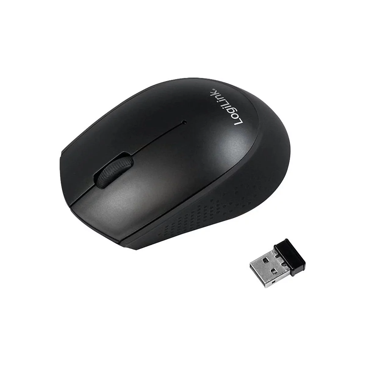 Schwarze kabellose Maus mit USB-Dongle. Auf der Maus steht „LogiLink“. Auf weißem Hintergrund.