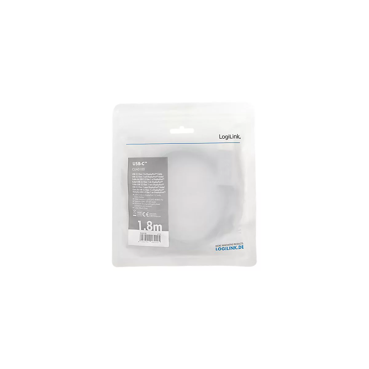 LogiLink USB-C auf DisplayPort Kabel 1,8m in transparenter Verkaufsverpackung mit Produktinformationen.