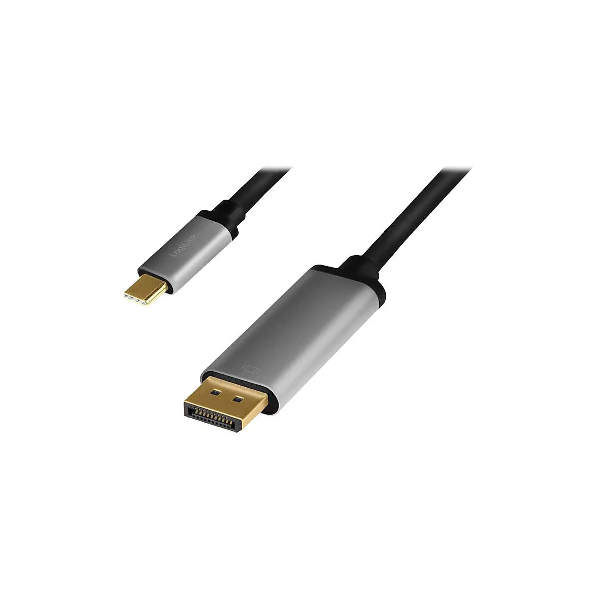 LogiLink USB-C auf DisplayPort Adapterkabel mit grauen Aluminiumgehäusen und goldenen Anschlüssen.