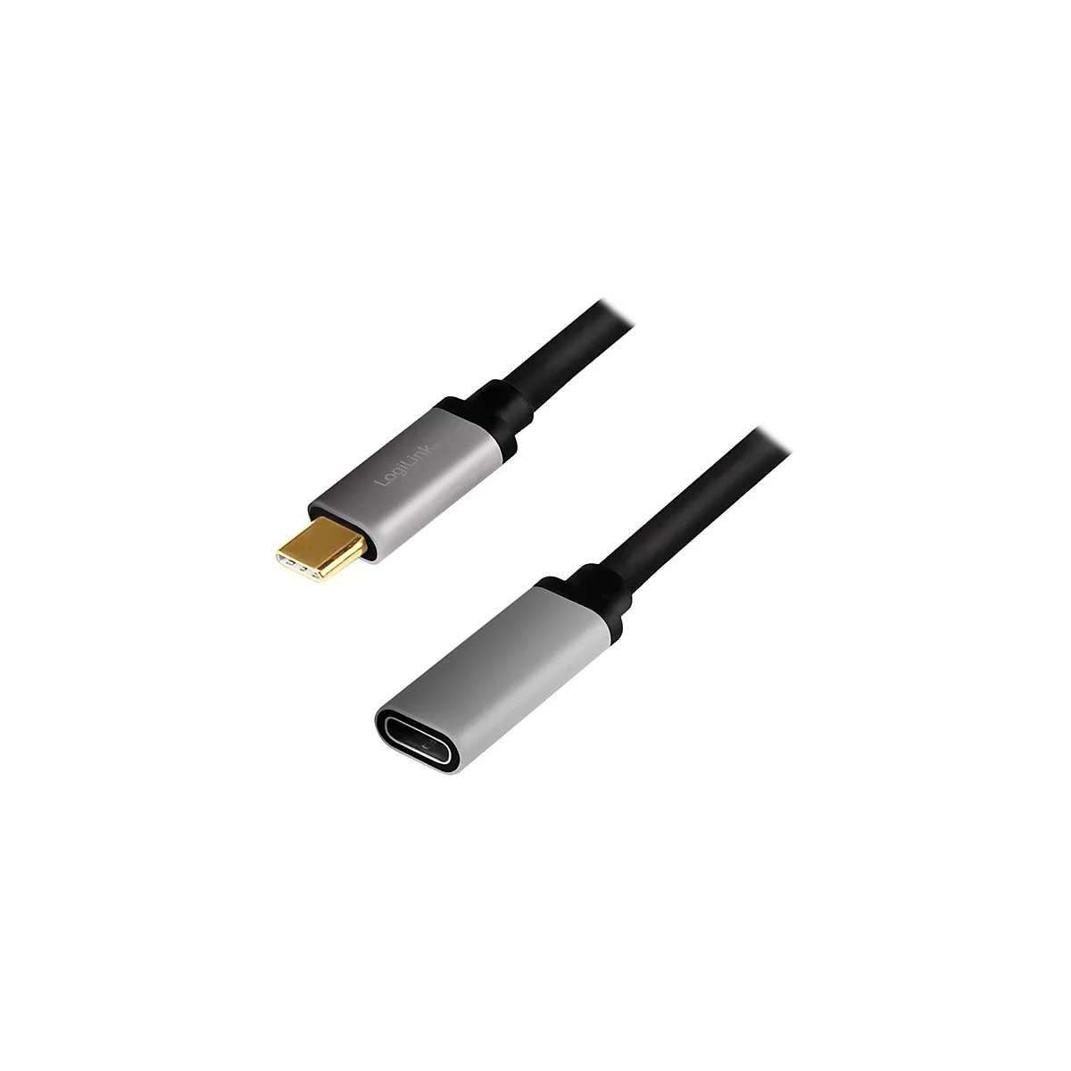 LogiLink USB-C Verlängerungskabel mit goldenem Stecker und grauen Aluminiumgehäusen.